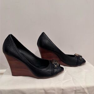 Tory Burch Black Leather Peep-Toe with Brown Wedges and Gold Detail